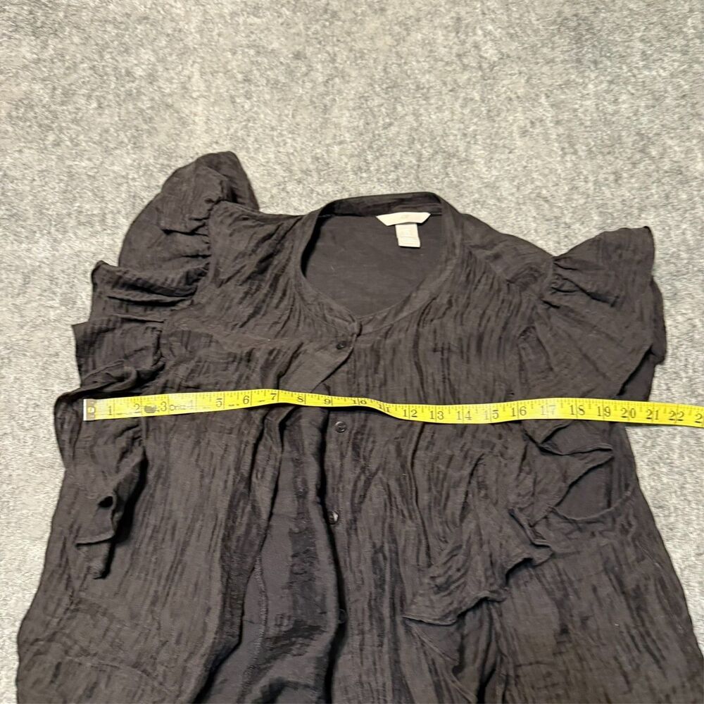 Hm Womens Blouse Shirt Size XL Black Frill Trimmed Flared Sleeve Button Up - Picture 3 of 6